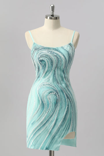 Green Bodycon Sequin Mini Cocktail Dress with Beading